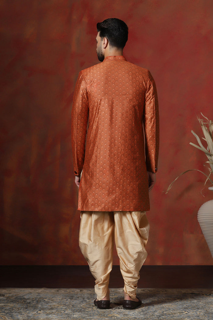 Dark Orange Cotton Blend Printed Sherwani Set