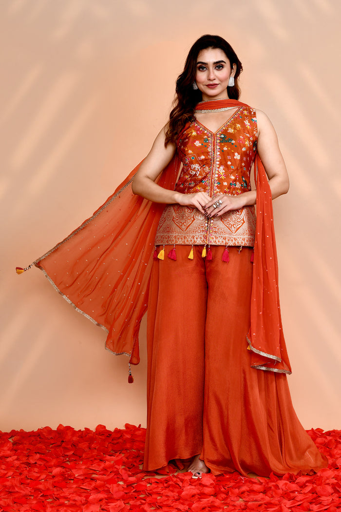 Dark Orange Crepe Silk Floral Sharara Set