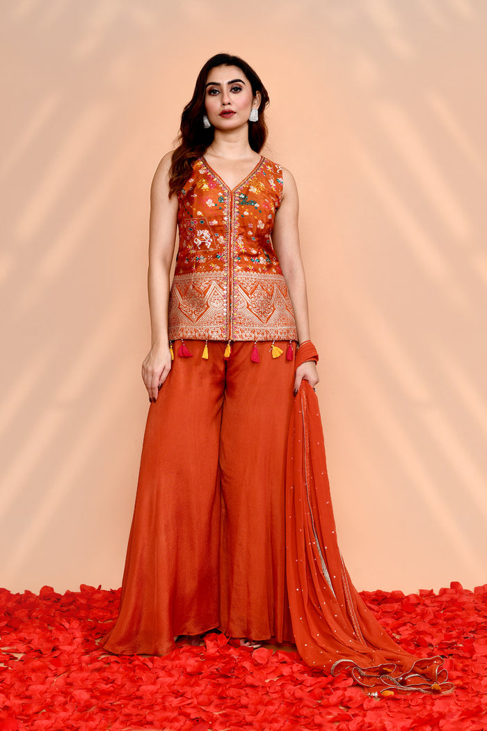 Dark Orange Crepe Silk Floral Sharara Set