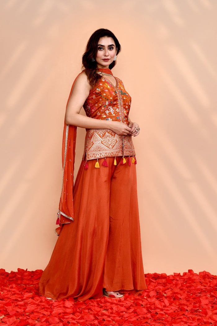 Dark Orange Crepe Silk Floral Sharara Set