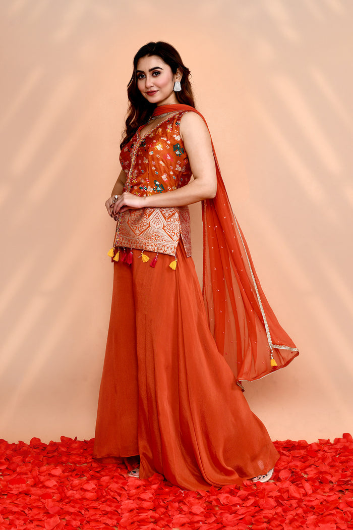 Dark Orange Crepe Silk Floral Sharara Set