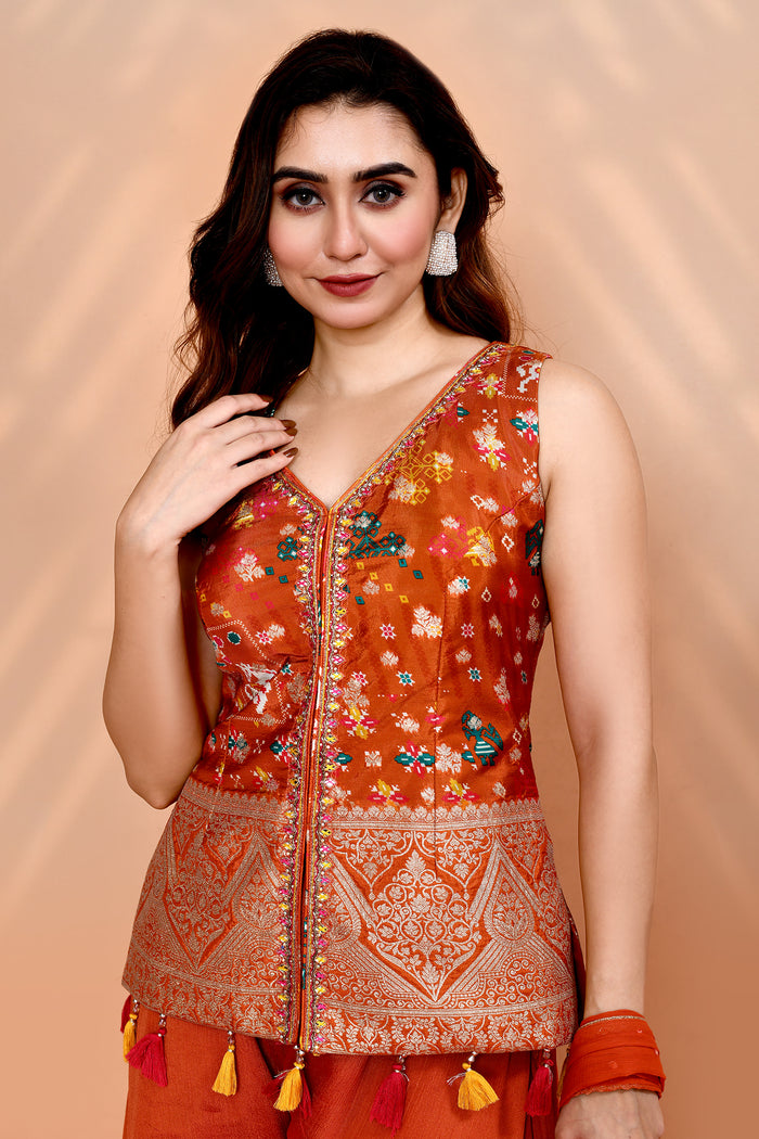 Dark Orange Crepe Silk Floral Sharara Set