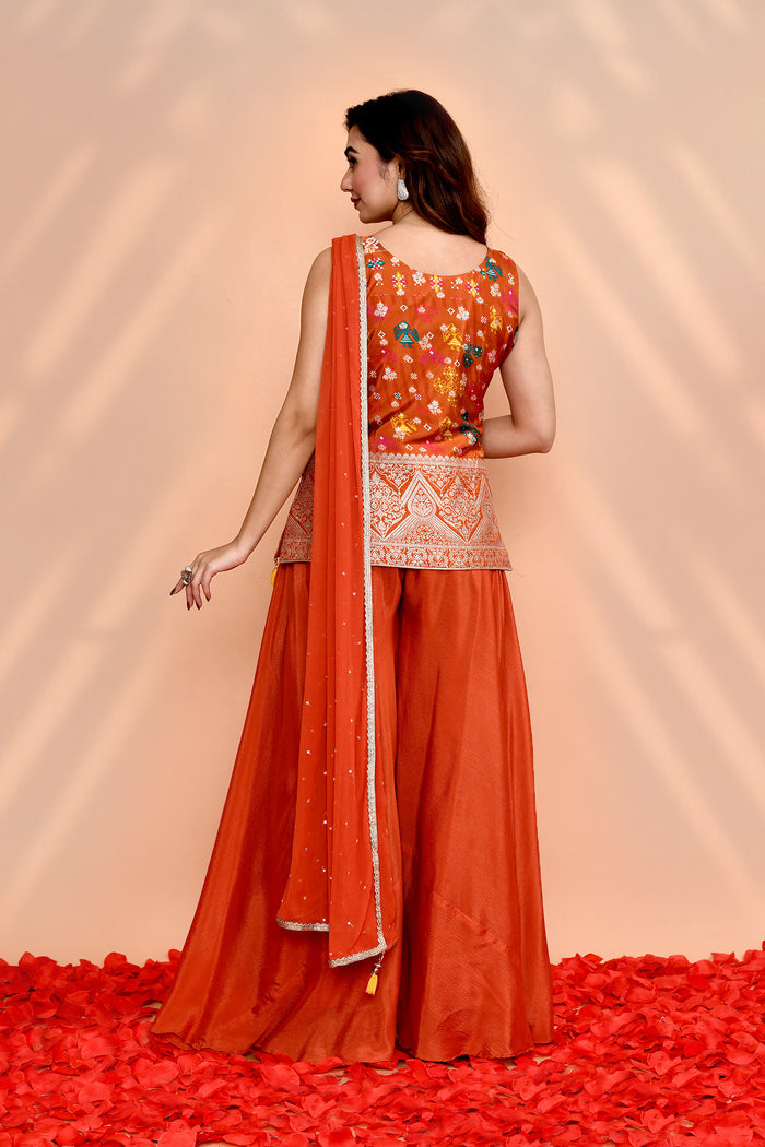 Dark Orange Crepe Silk Floral Sharara Set
