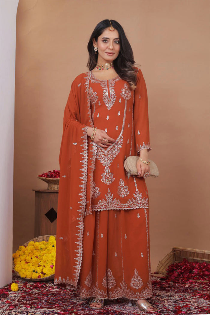 Dark Orange Floral Embroidered Georgette Sharara Set