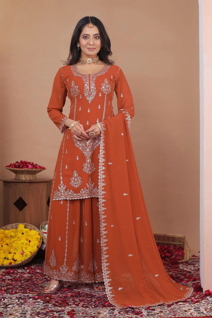 Dark Orange Floral Embroidered Georgette Sharara Set