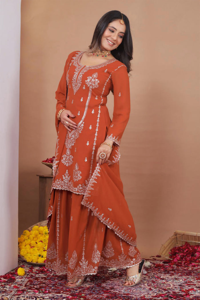 Dark Orange Floral Embroidered Georgette Sharara Set