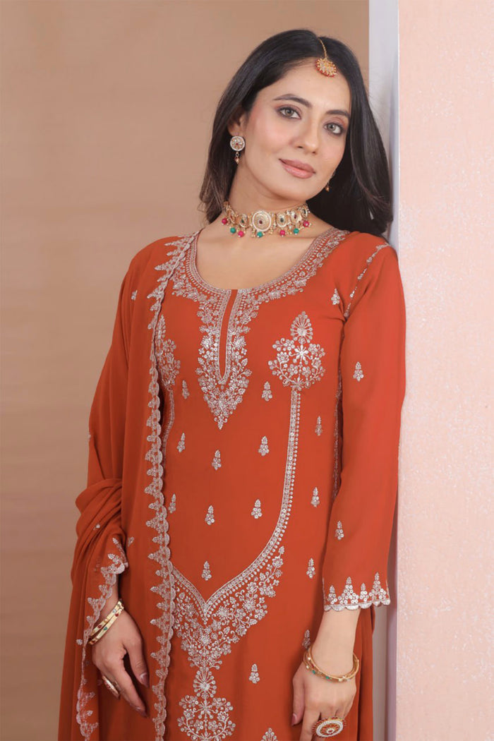 Dark Orange Floral Embroidered Georgette Sharara Set