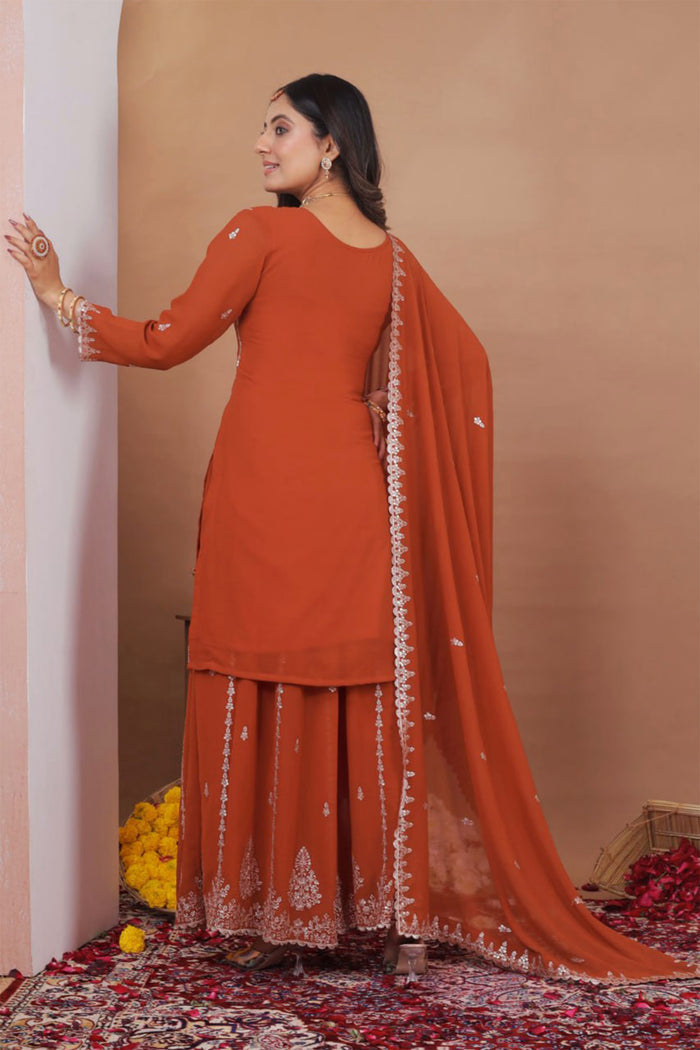 Dark Orange Floral Embroidered Georgette Sharara Set