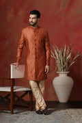 Dark Orange Printed Cotton Blend Sherwani Set