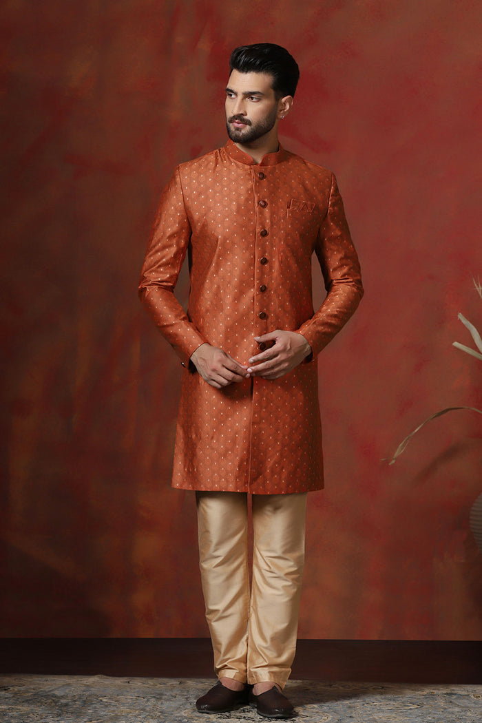 Dark Orange Printed Cotton Blend Sherwani Set