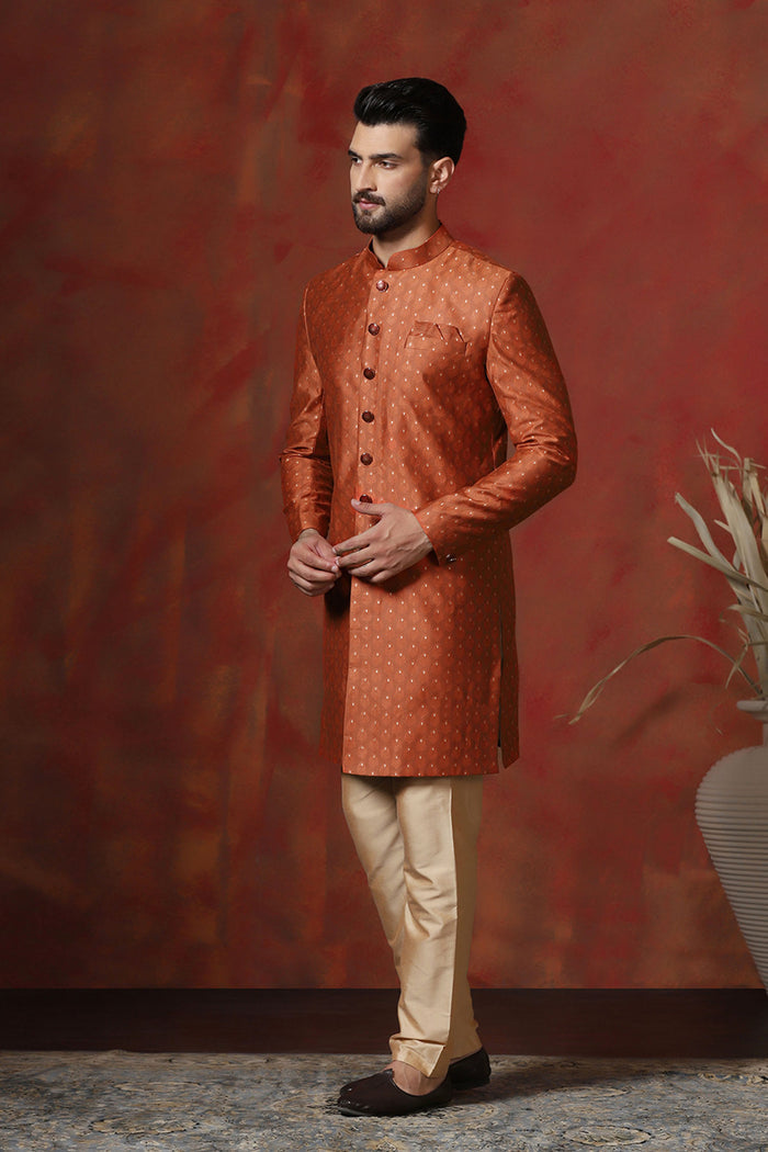 Dark Orange Printed Cotton Blend Sherwani Set