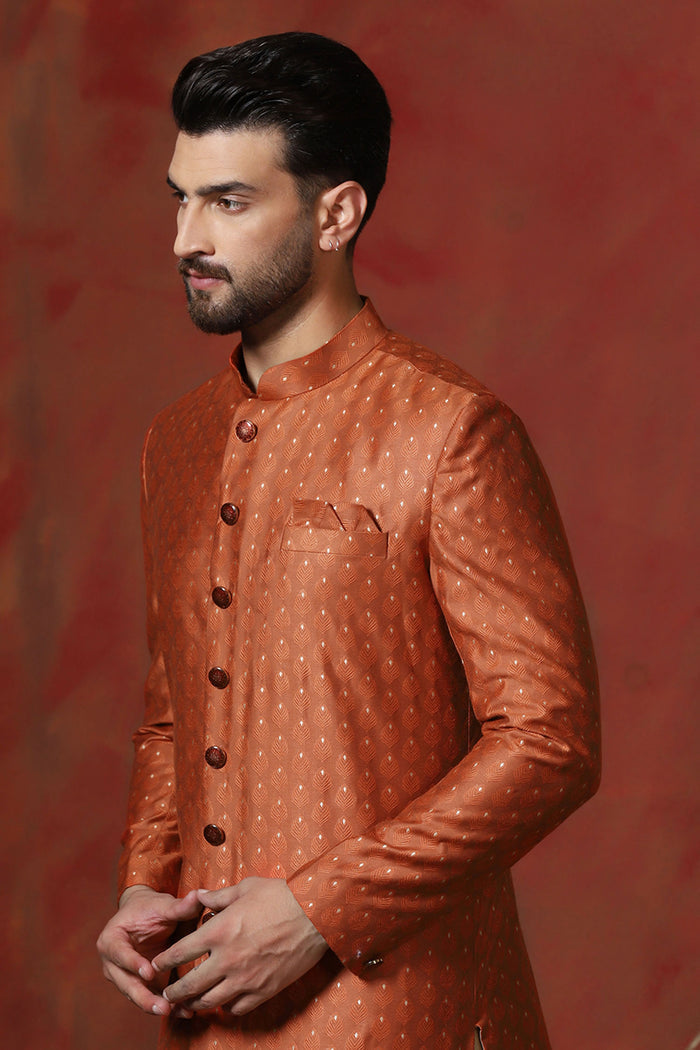 Dark Orange Printed Cotton Blend Sherwani Set