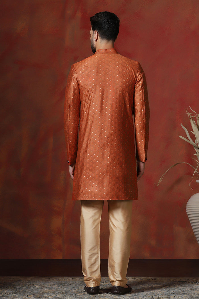 Dark Orange Printed Cotton Blend Sherwani Set