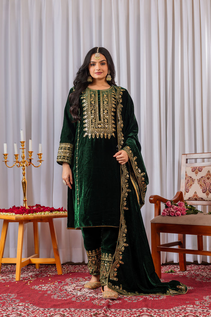 Dark Pine Green Velvet Embroidered Kurti Set