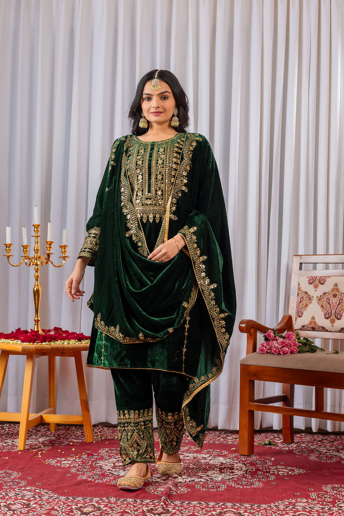 Dark Pine Green Velvet Embroidered Kurti Set