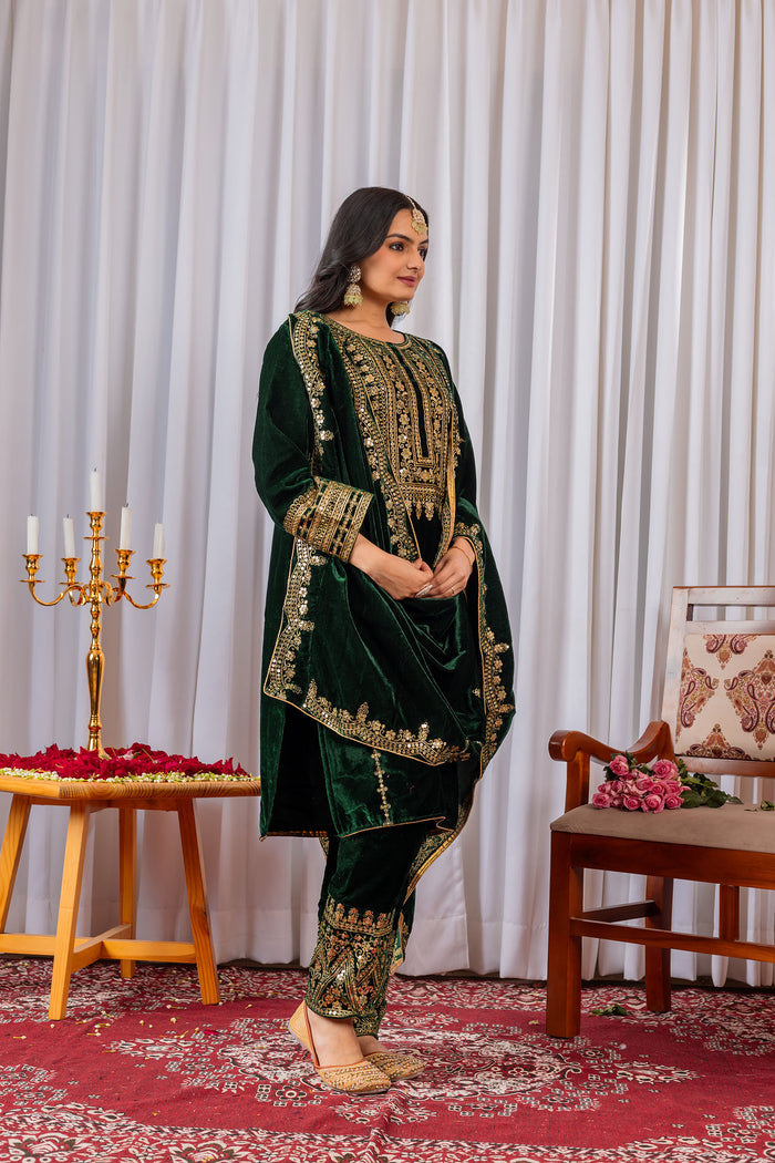 Dark Pine Green Velvet Embroidered Kurti Set