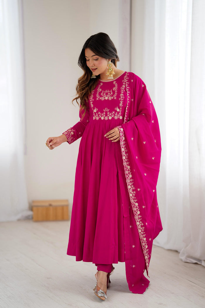 Dark Pink Chanderi Embroidered Anarkali Set