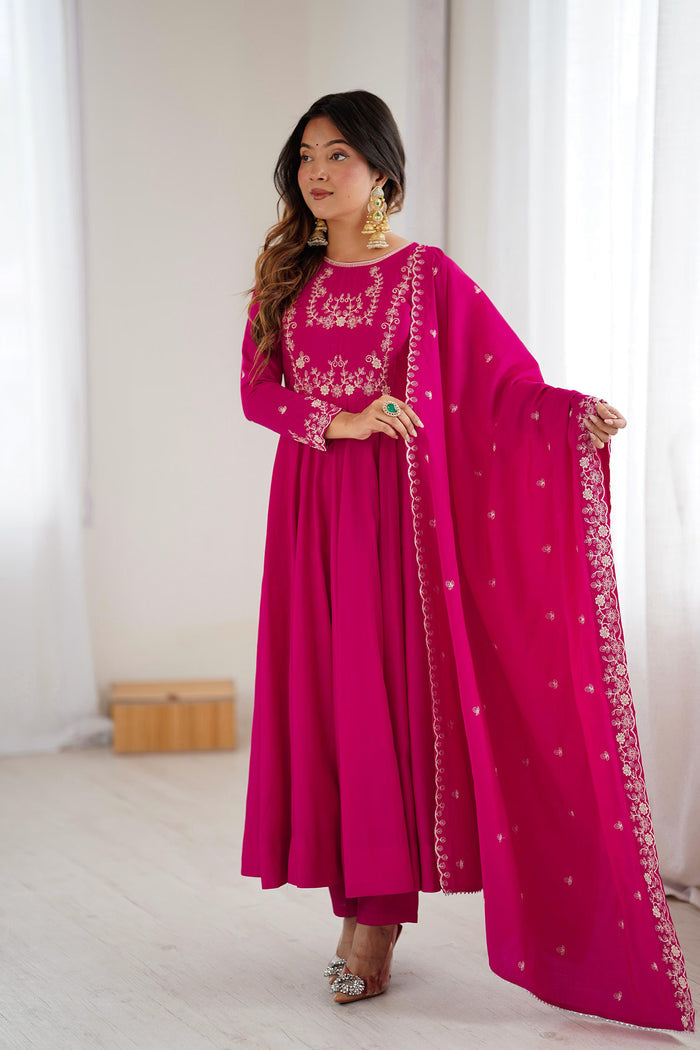 Dark Pink Chanderi Embroidered Anarkali Set