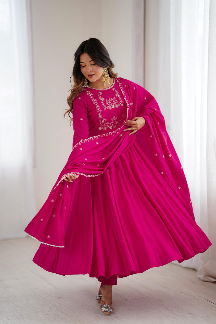 Dark Pink Chanderi Embroidered Anarkali Set