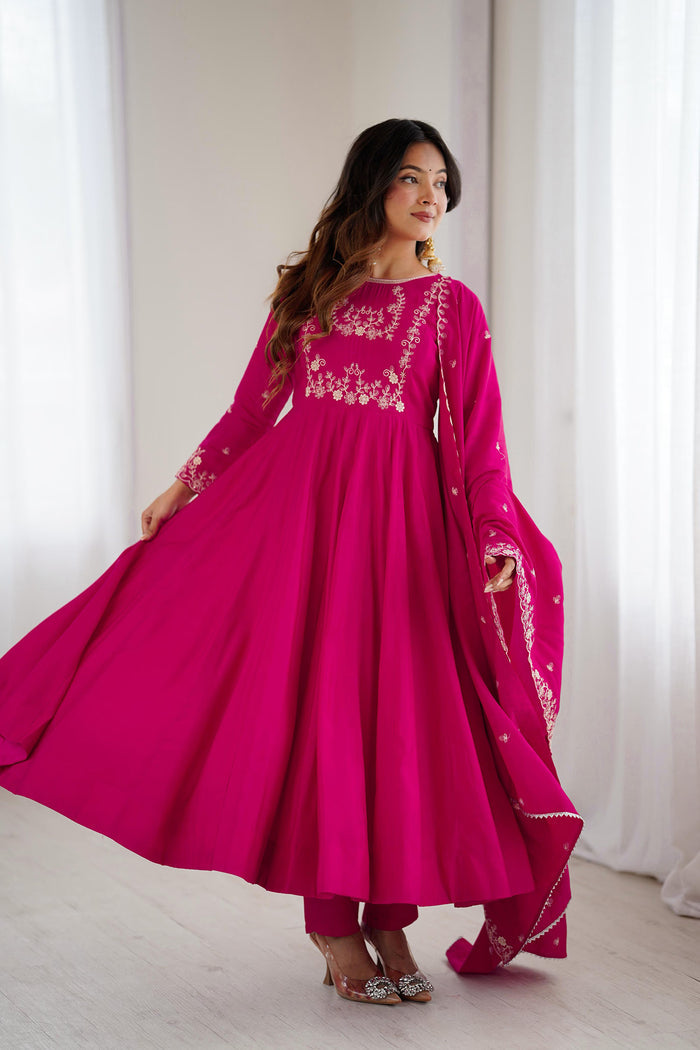 Dark Pink Chanderi Embroidered Anarkali Set