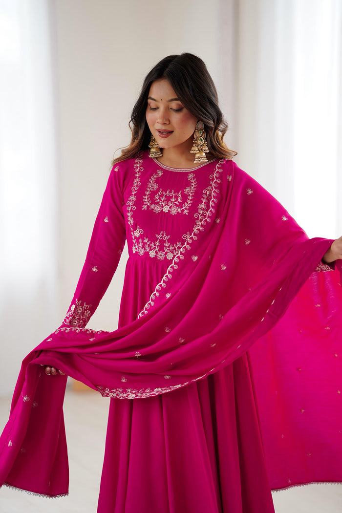 Dark Pink Chanderi Embroidered Anarkali Set
