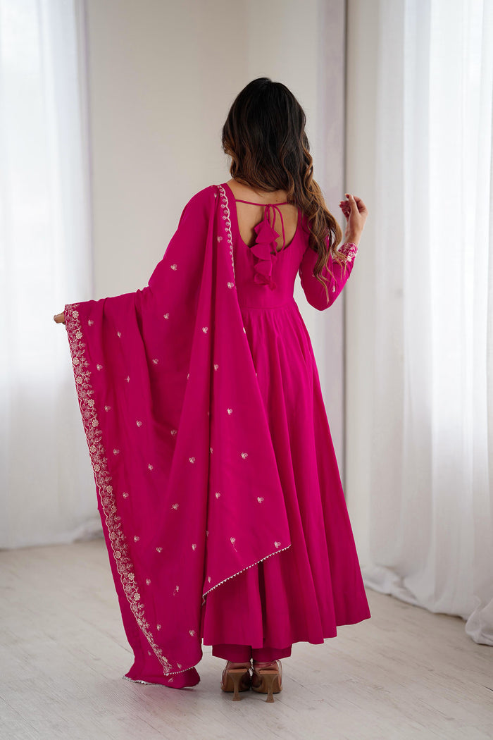 Dark Pink Chanderi Embroidered Anarkali Set