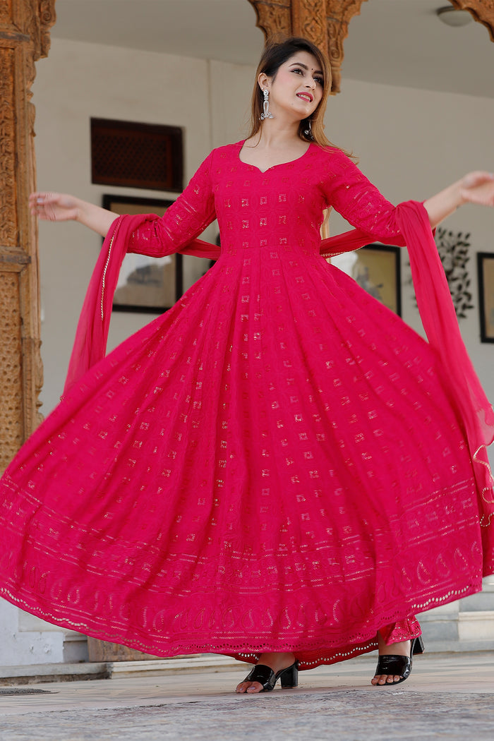 Dark Pink Rayon Long Traditional Kurti With Dupatta