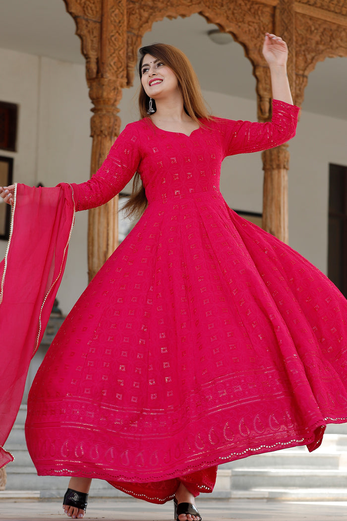 Dark Pink Rayon Long Traditional Kurti With Dupatta