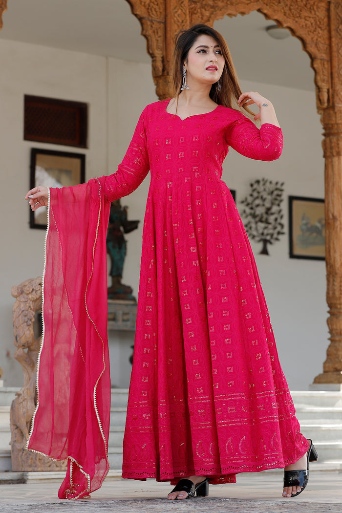 Dark Pink Rayon Long Traditional Kurti With Dupatta