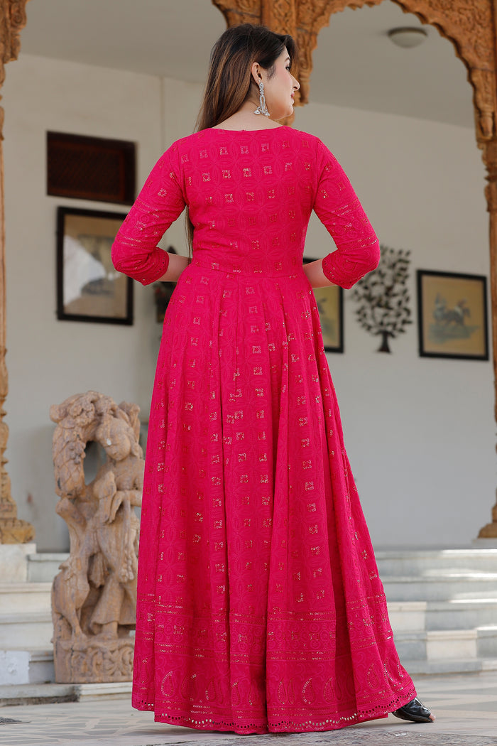 Dark Pink Rayon Long Traditional Kurti With Dupatta