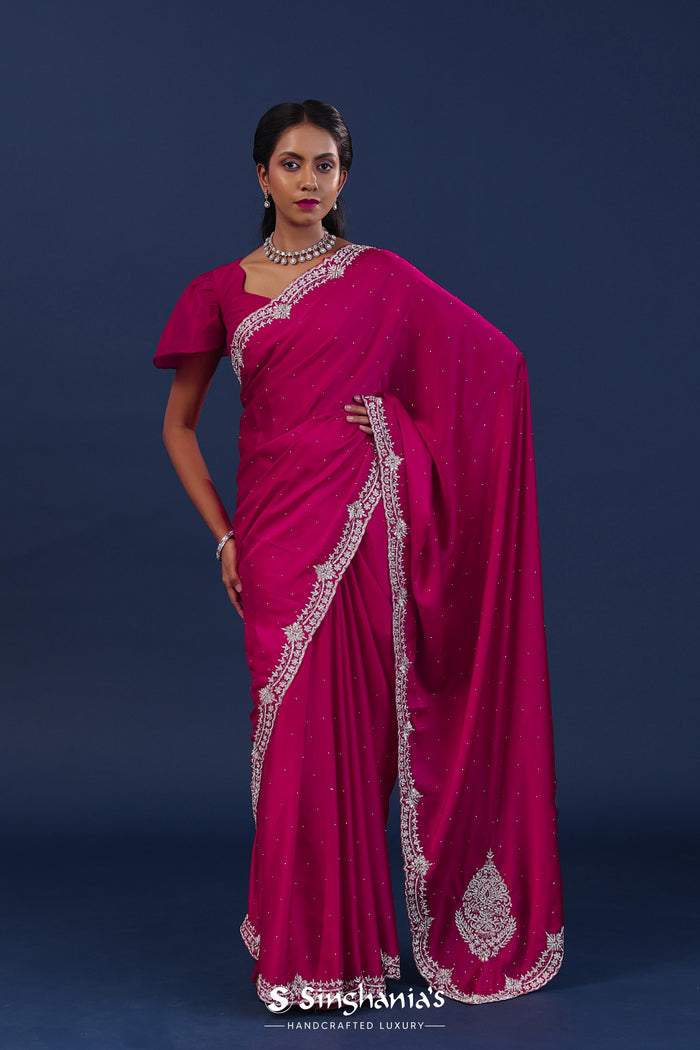 Dark Pink Satin Saree With Stone Work