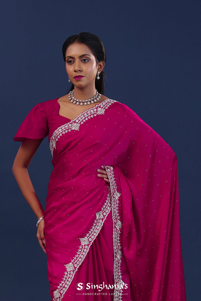 Dark Pink Satin Saree With Stone Work