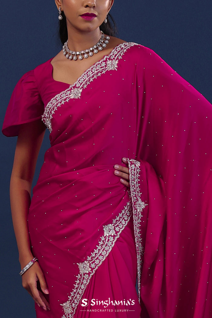 Dark Pink Satin Saree With Stone Work