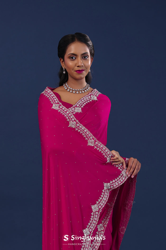 Dark Pink Satin Saree With Stone Work