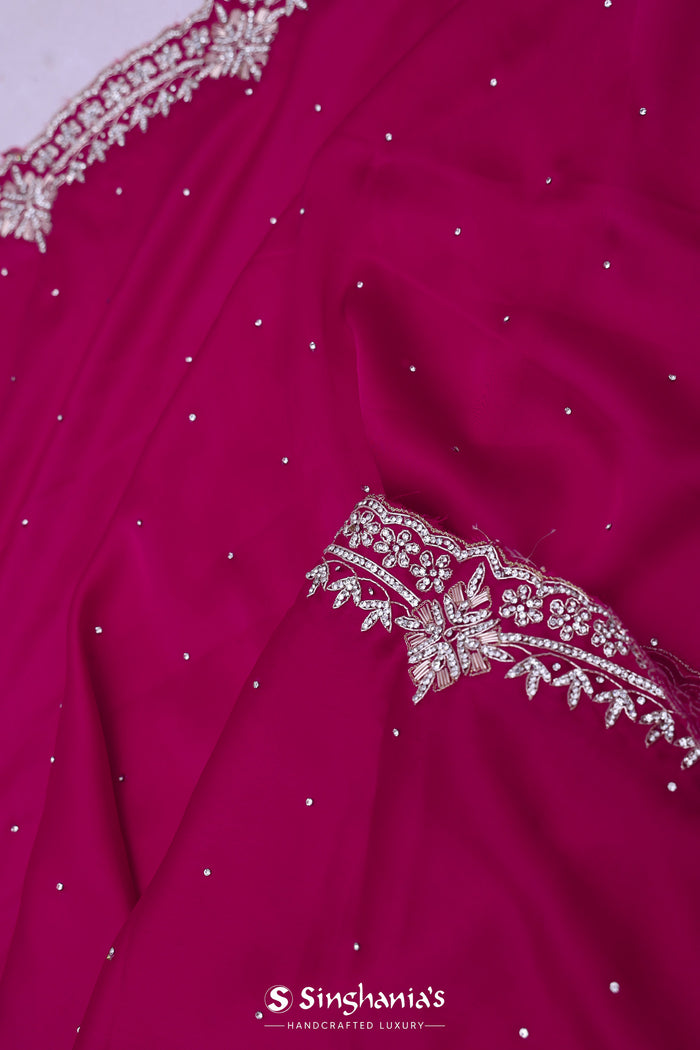 Dark Pink Satin Saree With Stone Work