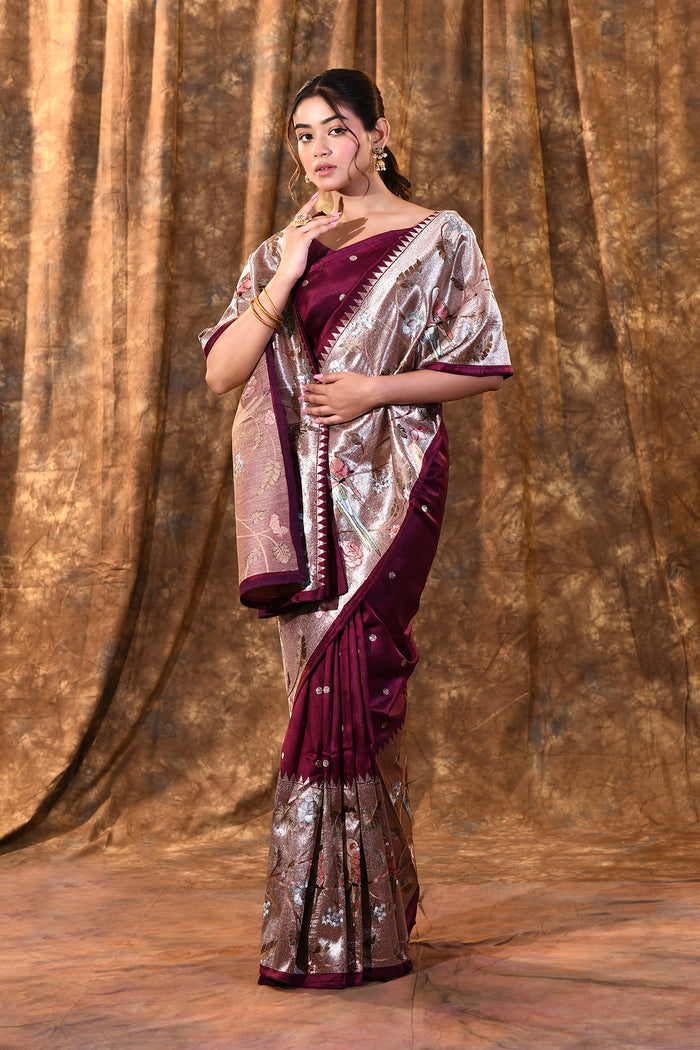 Dark Purple Butti Embroidered Silk Saree