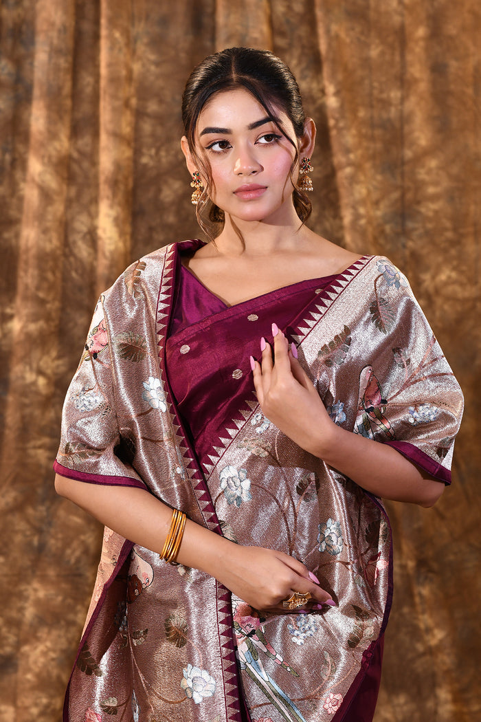 Dark Purple Butti Embroidered Silk Saree