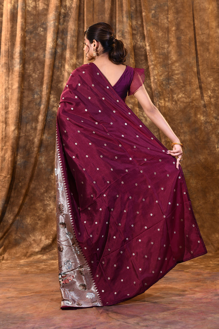 Dark Purple Butti Embroidered Silk Saree