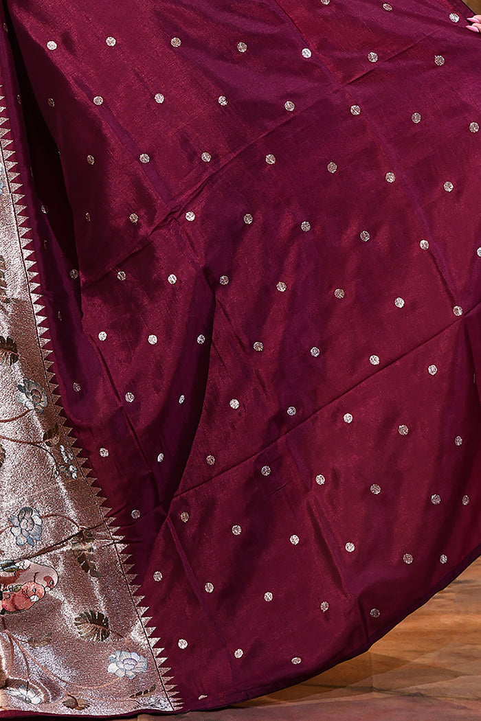 Dark Purple Butti Embroidered Silk Saree