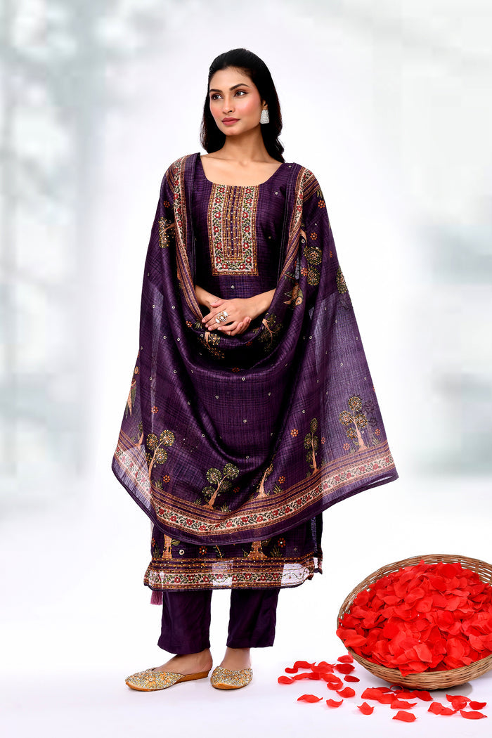 Dark Purple Chiffon Floral Sequin Kurta Set