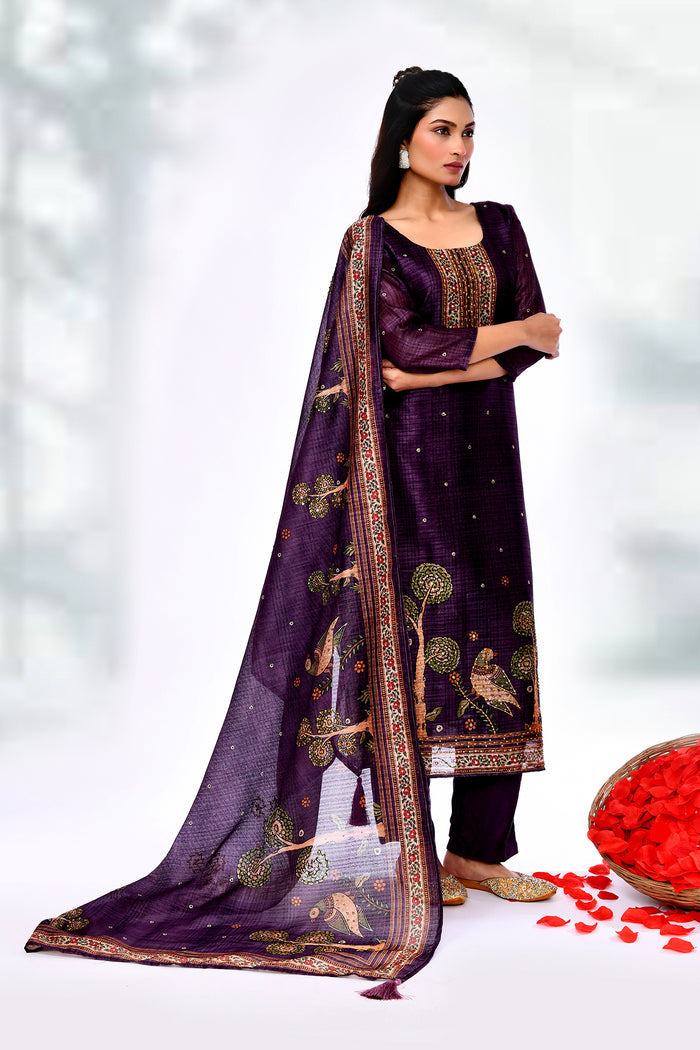 Dark Purple Chiffon Floral Sequin Kurta Set