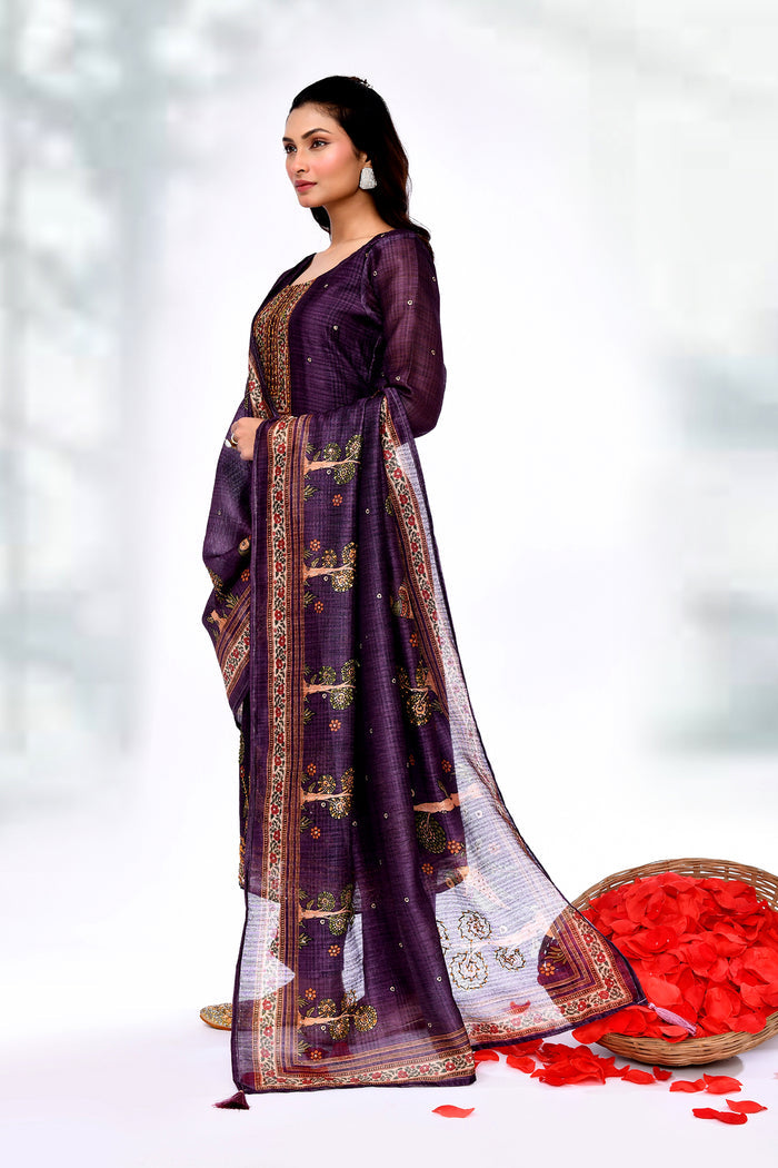 Dark Purple Chiffon Floral Sequin Kurta Set