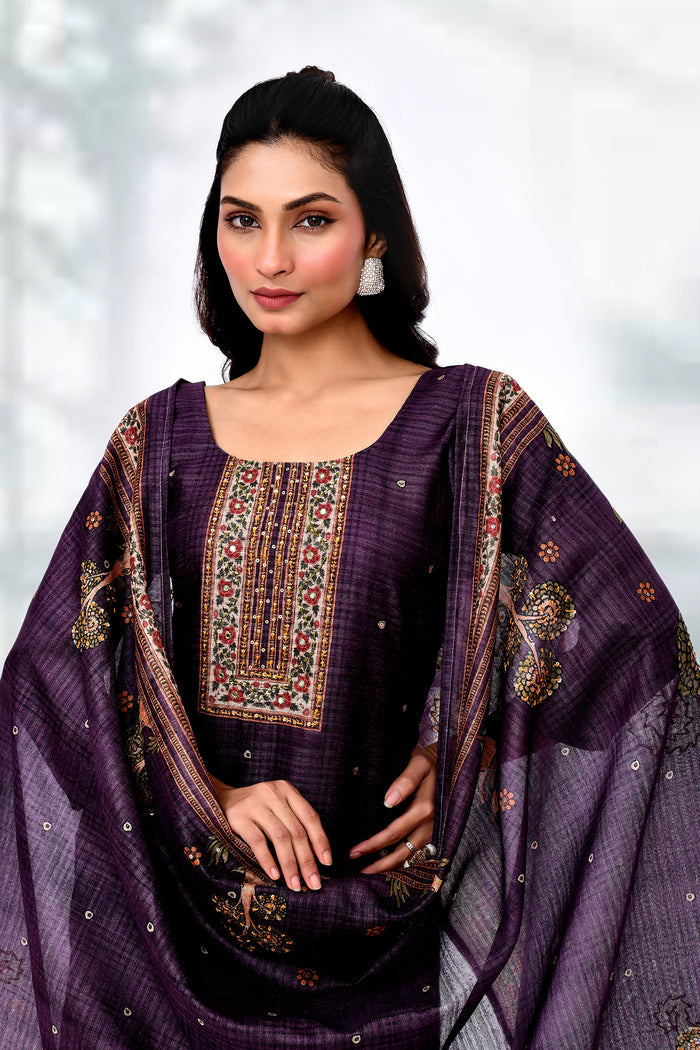 Dark Purple Chiffon Floral Sequin Kurta Set