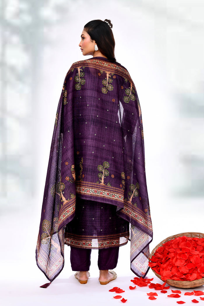 Dark Purple Chiffon Floral Sequin Kurta Set