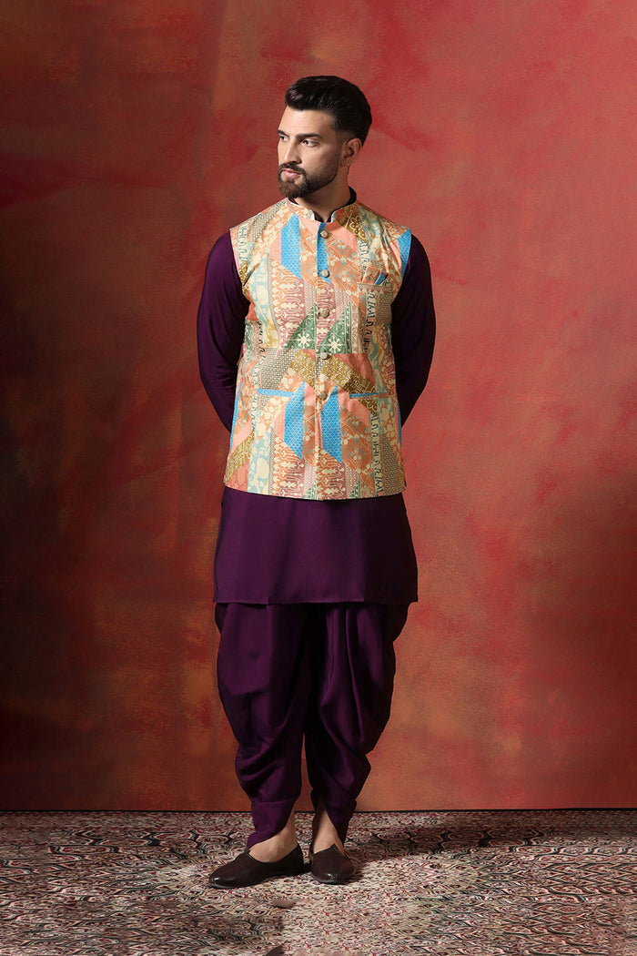 Dark Purple Cotton Kurta Set With Nehru Jacket