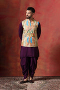 Dark Purple Cotton Kurta Set With Nehru Jacket