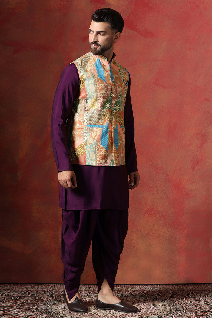 Dark Purple Cotton Kurta Set With Nehru Jacket