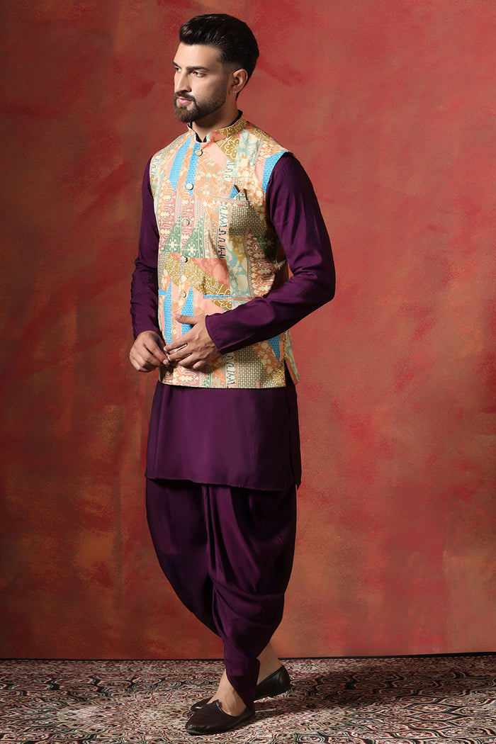 Dark Purple Cotton Kurta Set With Nehru Jacket