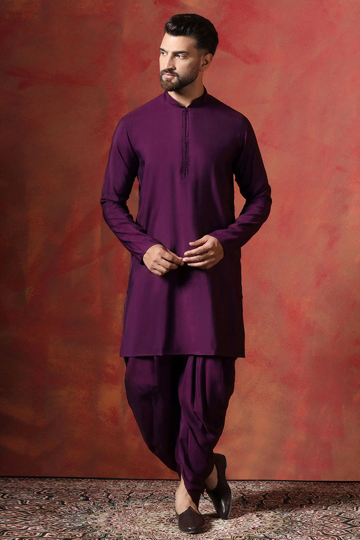 Dark Purple Cotton Kurta Set With Nehru Jacket