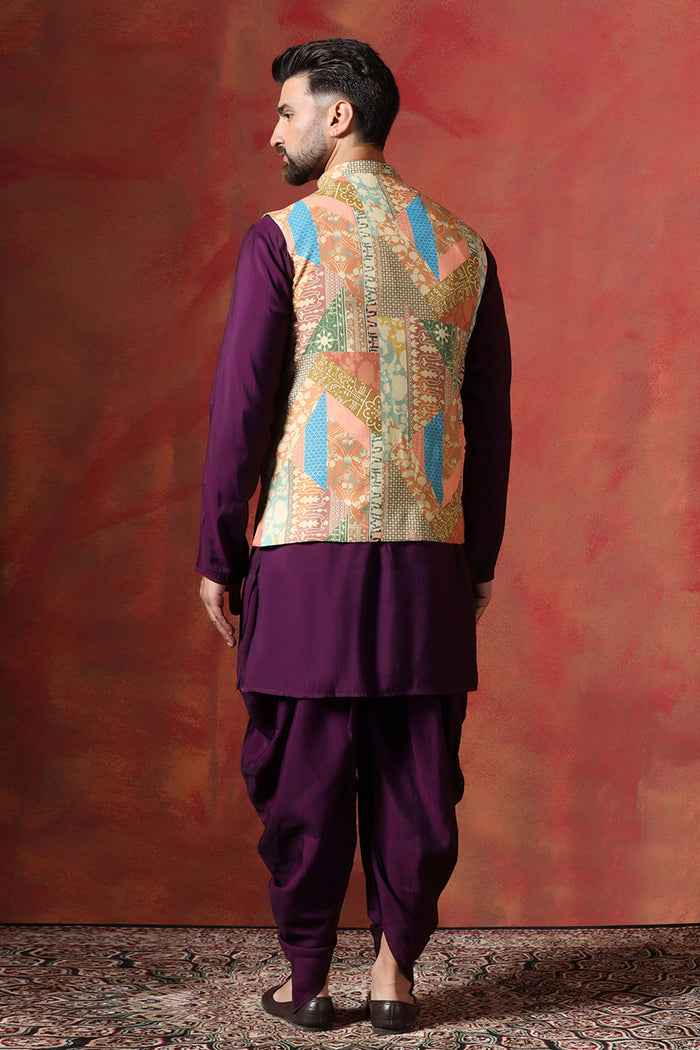 Dark Purple Cotton Kurta Set With Nehru Jacket
